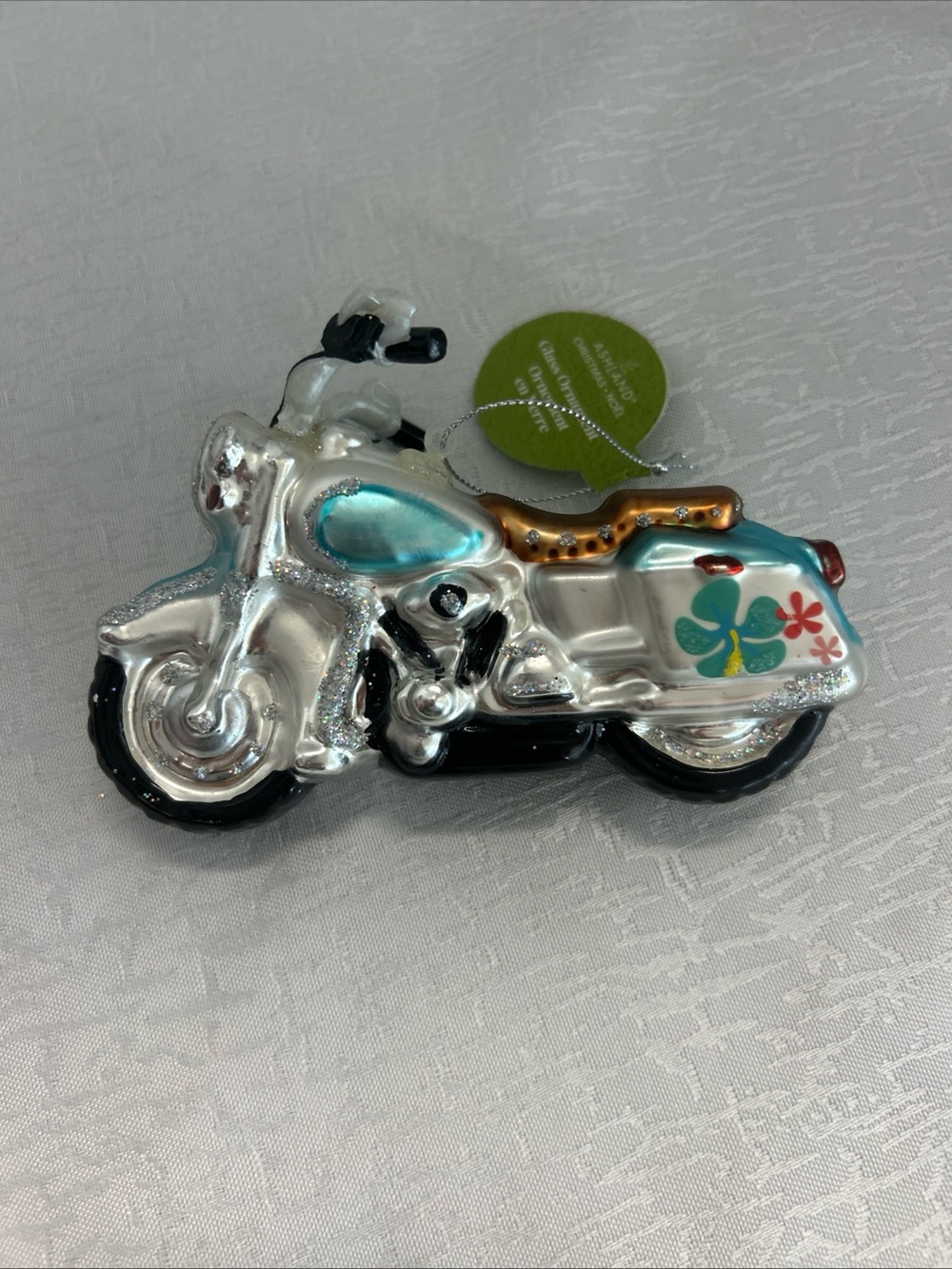 Ashland Silver and Turquoise Glass Motorcycle Ornament with Floral Accent
